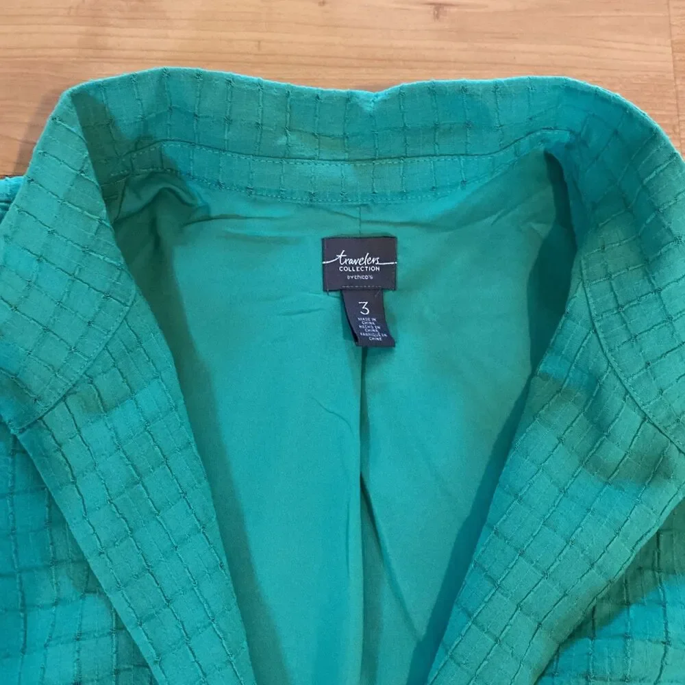 Chicos Kelly Green Cotton Blend Open Front Jacket Size 3 Travelers Collection‎